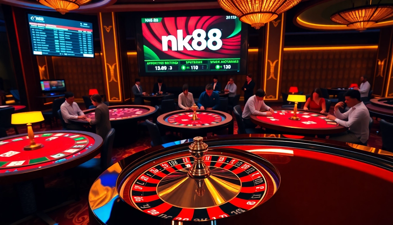 Nk88 casino players enjoying exciting table games with vibrant roulette and poker chips.