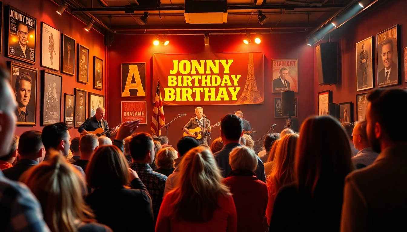 Johnny Cash birthday celebration scene at johnnycashbirthday.com with lively musicians and engaged crowd.