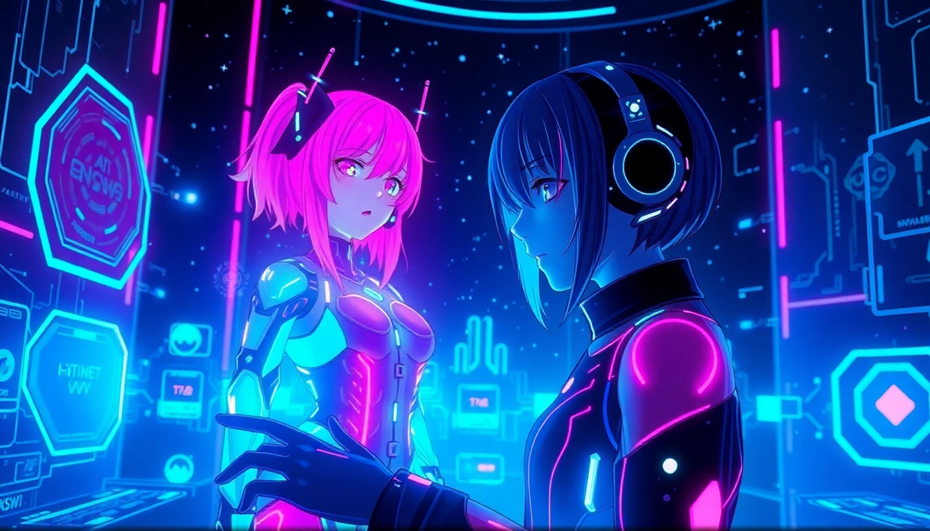 Engaging AI character scene in a futuristic NSFW digital environment featuring vibrant colors and immersive technology.