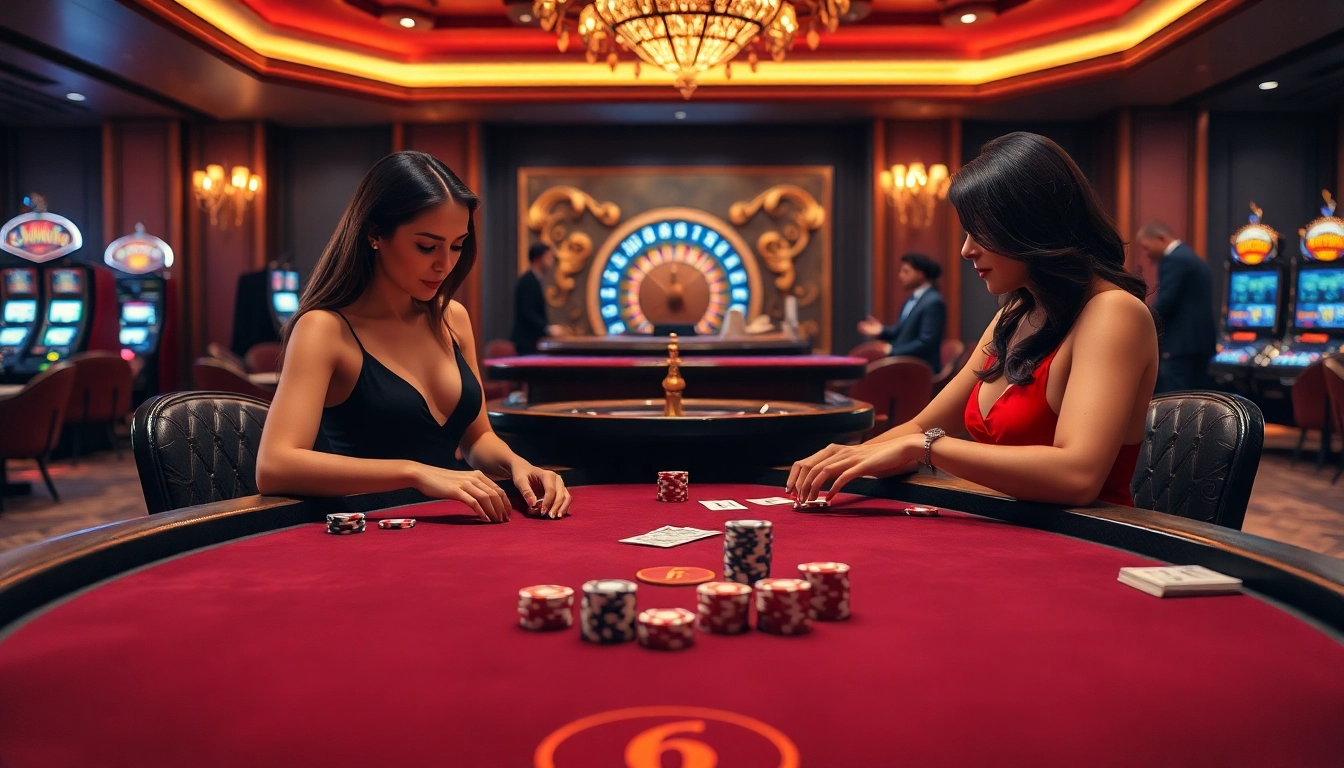 The excitement of high-stakes poker at https://fun79.bio/ with glamorous players and a professional dealer.