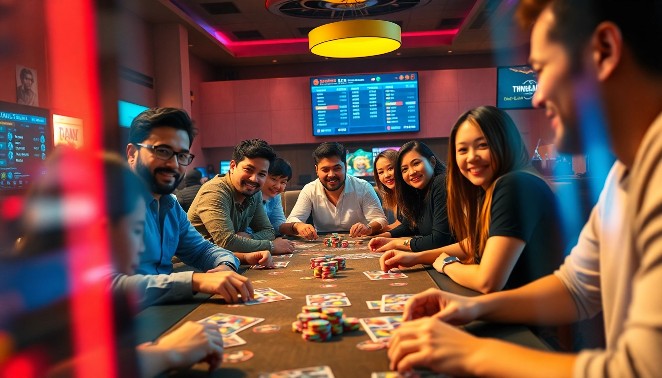 Exciting gaming scene featuring players at a card table, representing topgamebaidoithuong.mx gaming community.
