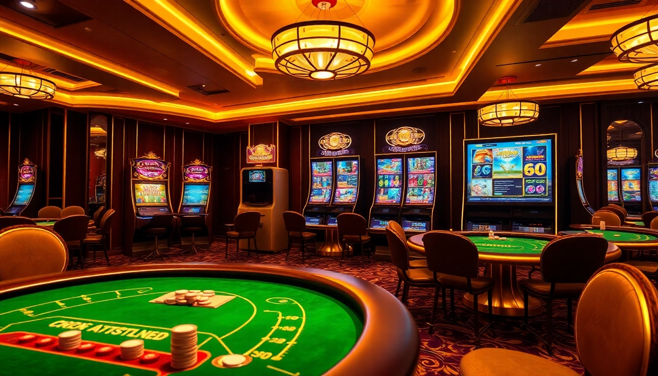 Experience high-stakes gaming with GO88's luxurious casino atmosphere featuring vibrant slot machines and poker tables.
