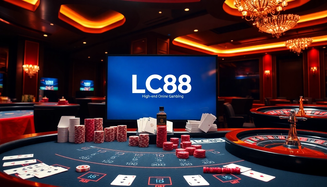 Experience the thrill of gambling at LC88 with vibrant casino elements and professional atmosphere.
