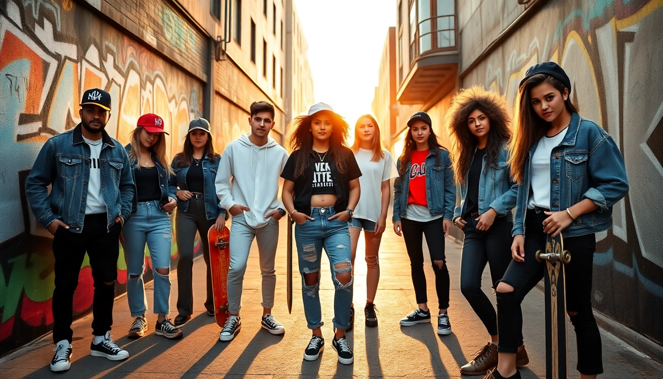 Trendy streetwear clothes modeled by diverse young adults in an urban setting.