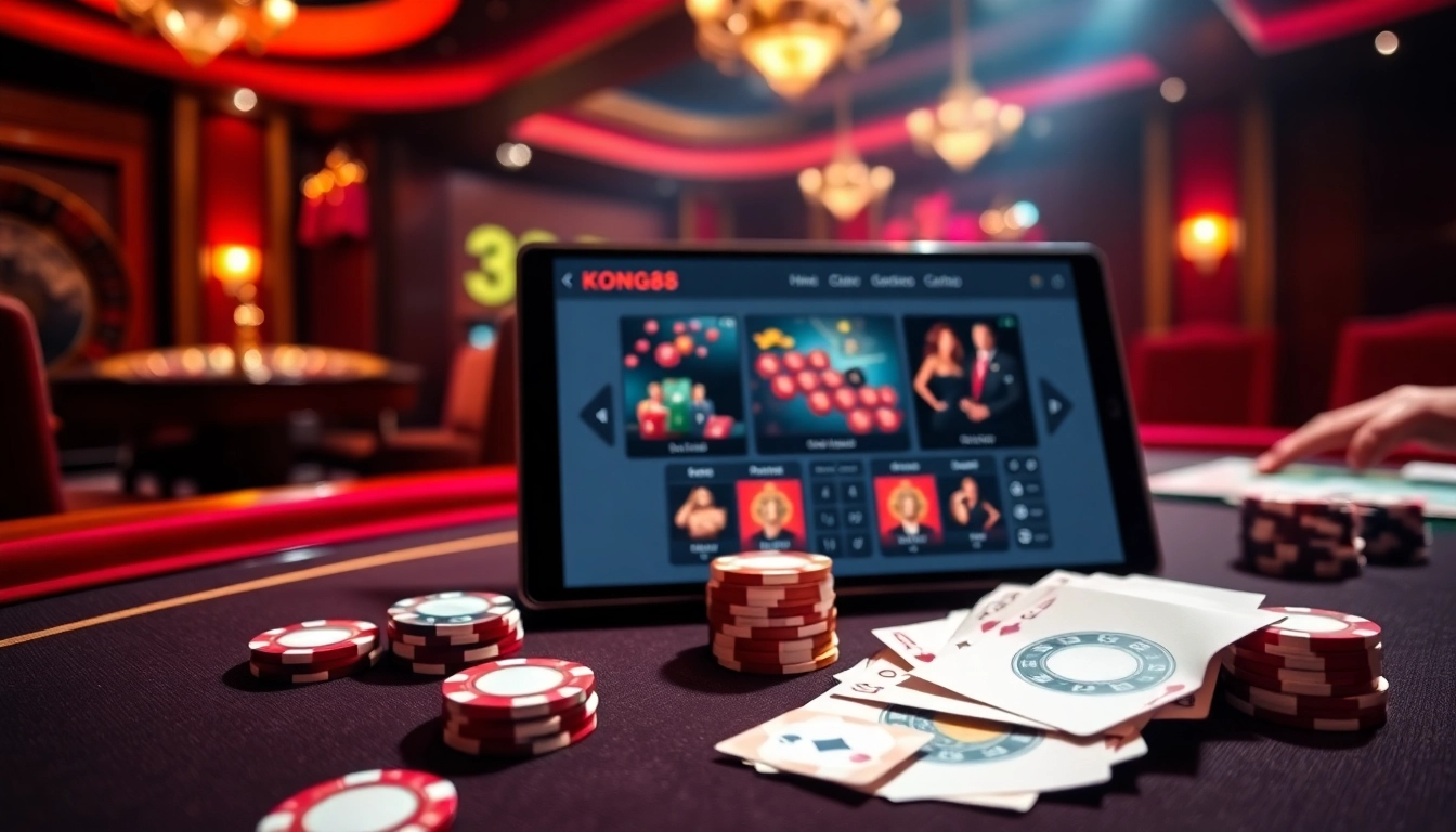 KONG88 immersive gambling scene with poker action and vibrant casino elements.